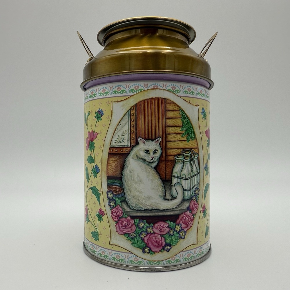 VTG 6" Mini Milk Can Tin Flowers Cat Milk Bottles English Cottage Decor‎ Grandma